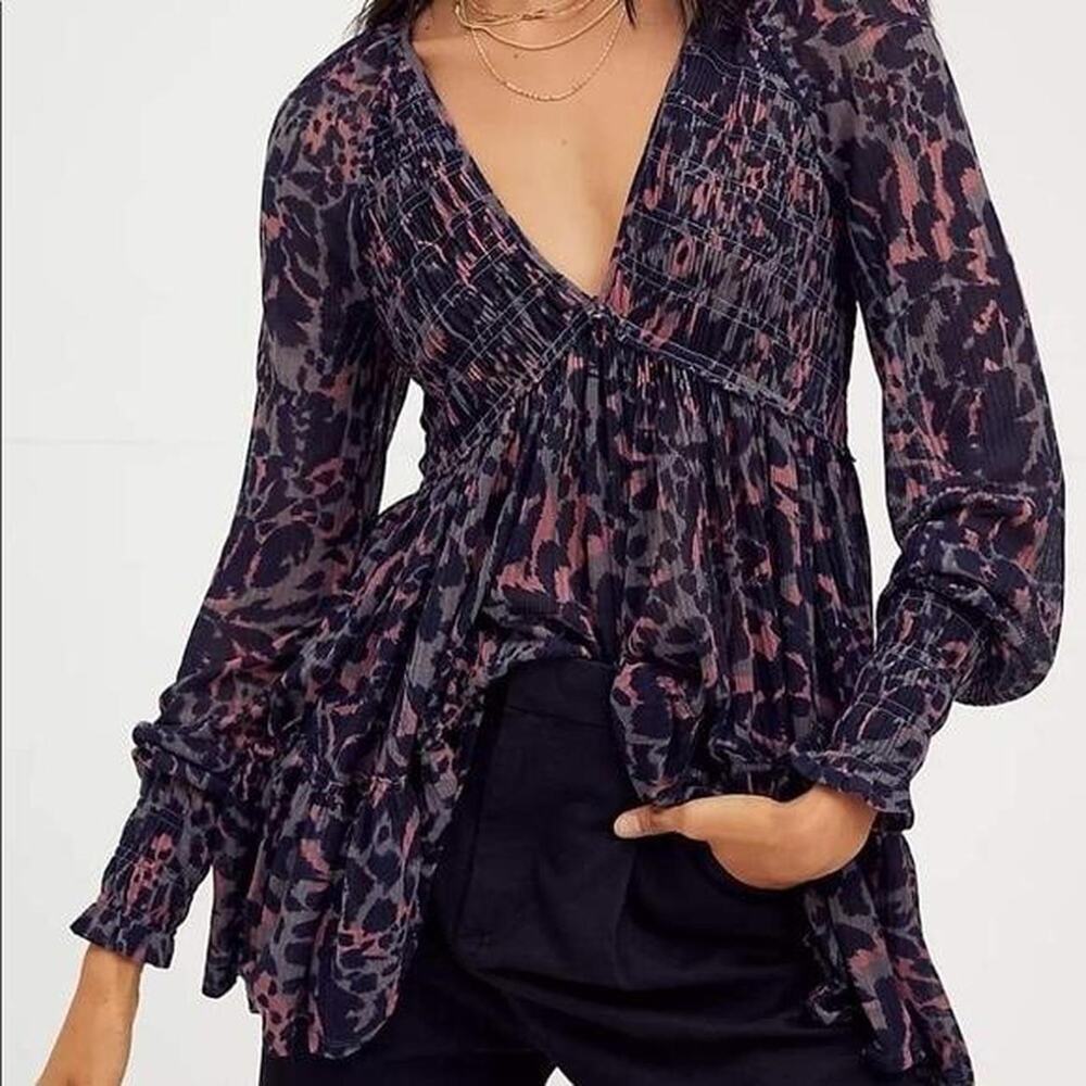 Free People black & pink leopard print blouse with long sleeves